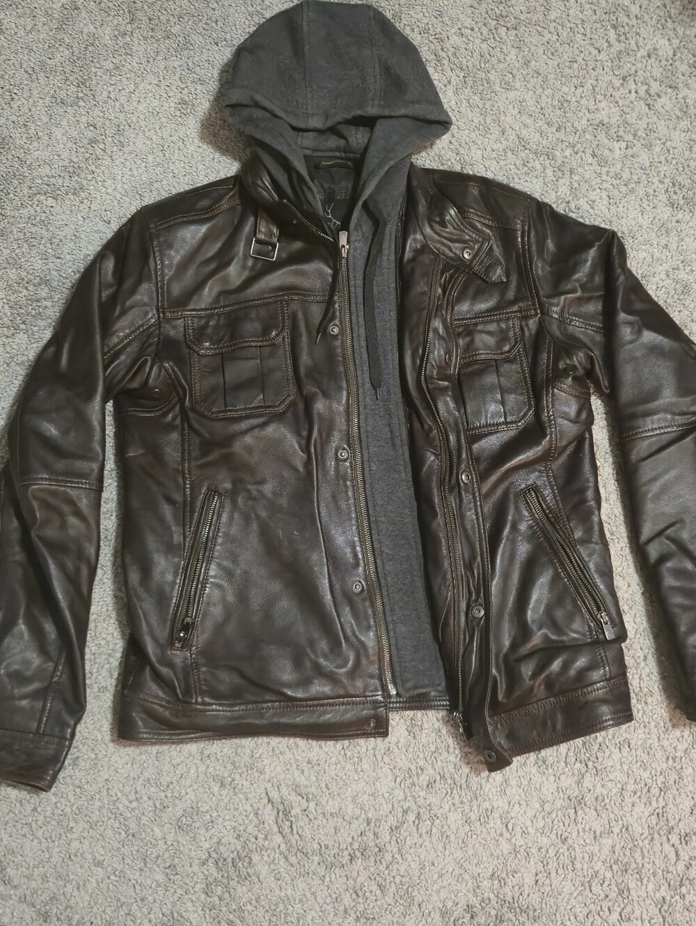 Bod & Christensen Men's Brown Leather Moto Jacket with Detachable Hoodie Size M